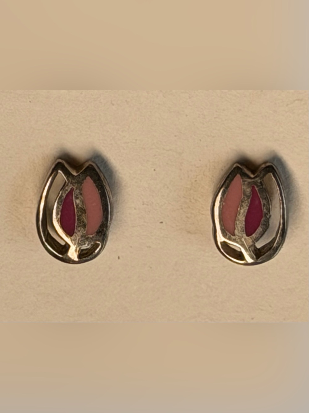 Sterling silver tulip stud earrings inlaid with pink enamel